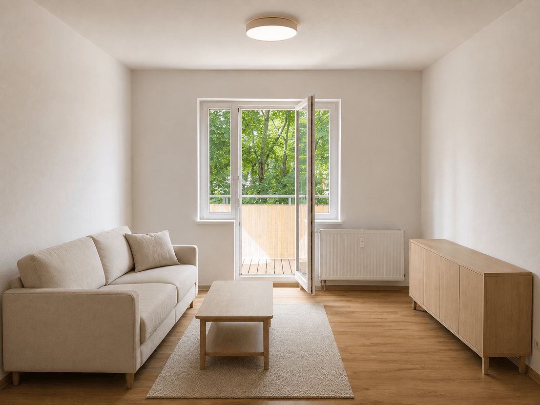 Helles, möbliertes Wohnzimmer mit Sofa und Zugang zum Balkon – Trenta Living Apartment in Dresden-Reick