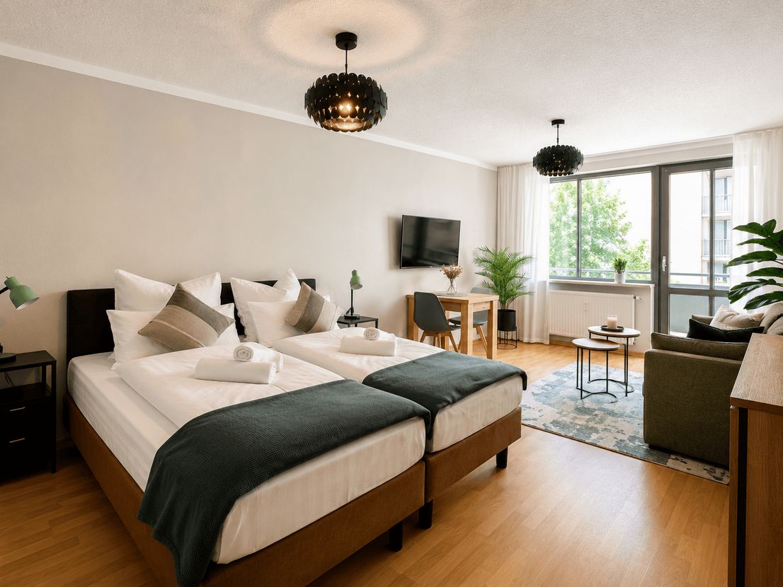 Möblierter Wohn- und Schlafbereich mit Smart-TV, Esstisch und Zugang zum Balkon – Trenta Living Apartment in Dresden-Zschertnitz