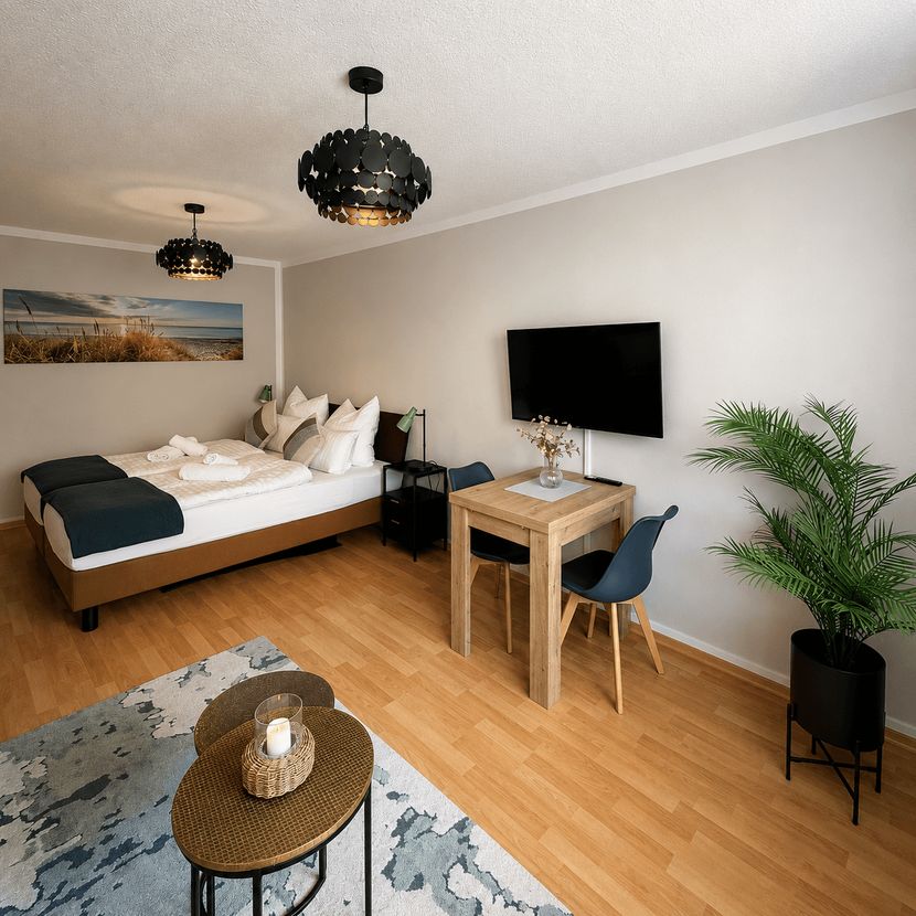 Wohnbereich mit Doppelbett, Esstisch und Grünpflanzen – möbliertes Wohnen Dresden