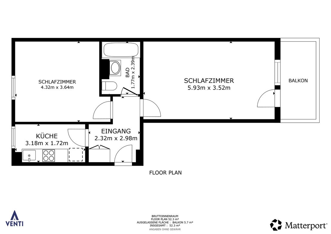 Grundriss der möblierten 2-Zimmer-Wohnung in Dresden-Zschertnitz